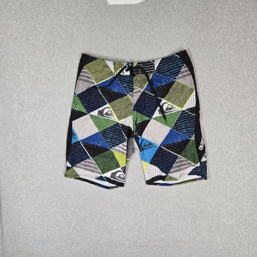 Quiksilver Men Shorts 34 Black Cargo Swimwear Geometric Board Shorts Logo